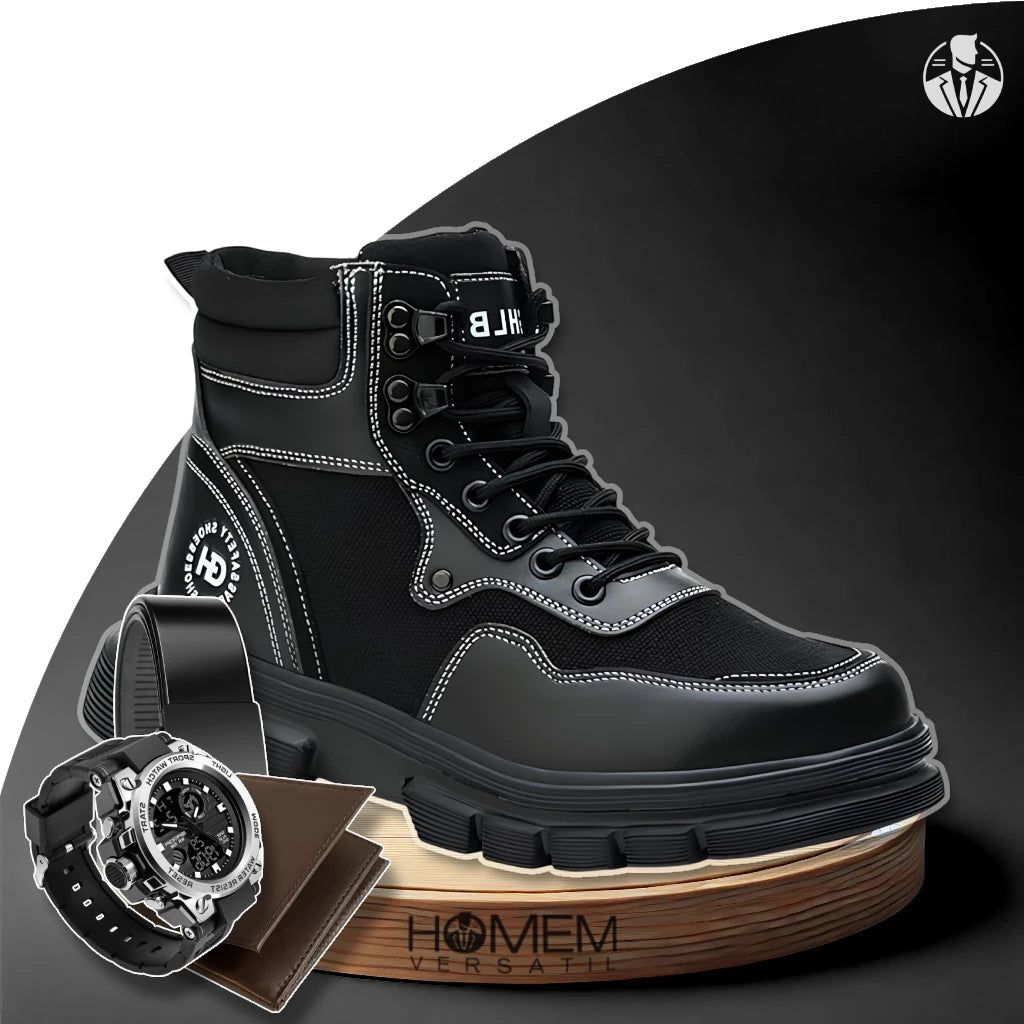Kit Bota Masculina Durax Cano Médio em 100% Couro Legítimo + BRINDES: Relógio Tático, Cinto e Carteira