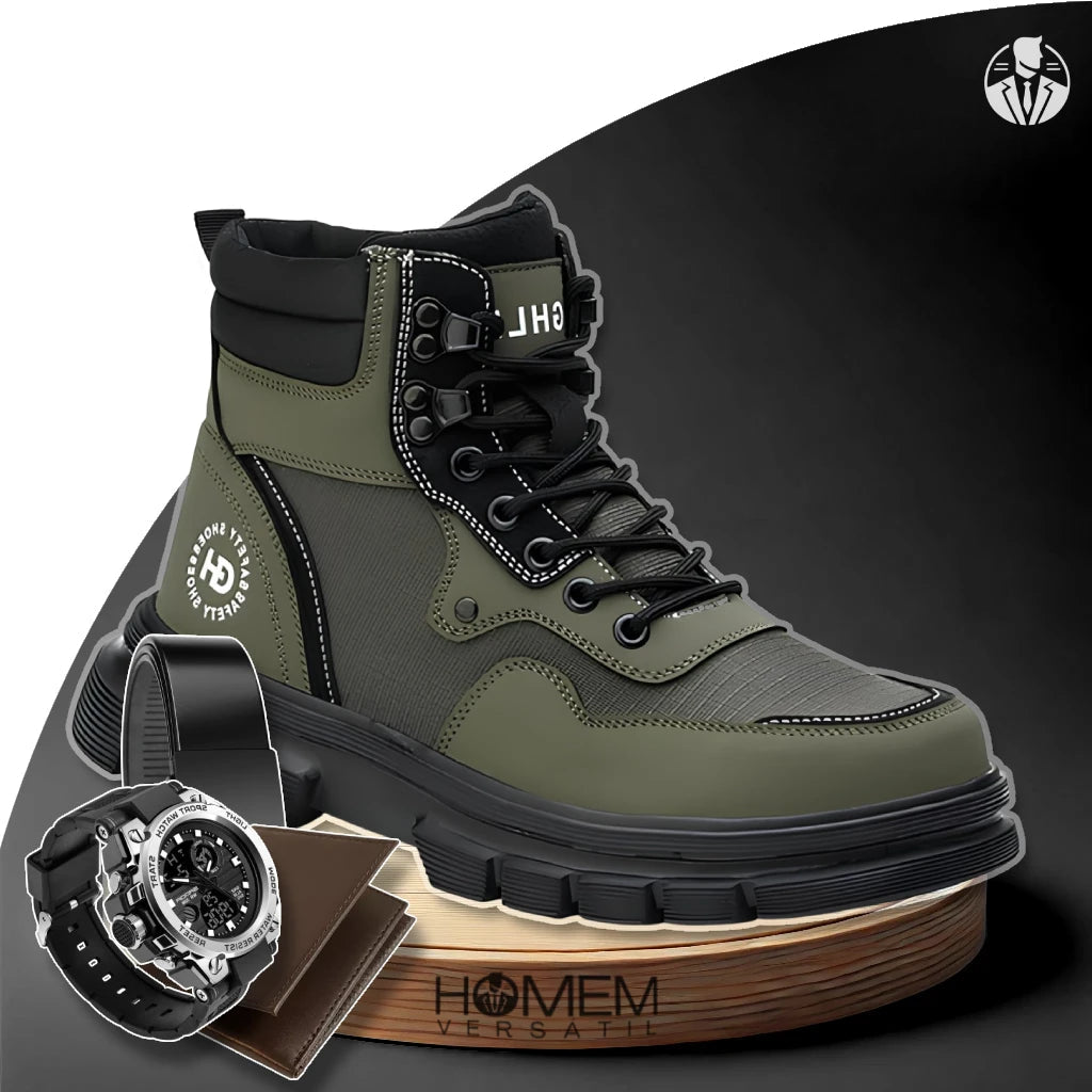 Kit Bota Masculina Durax Cano Médio em 100% Couro Legítimo + BRINDES: Relógio Tático, Cinto e Carteira