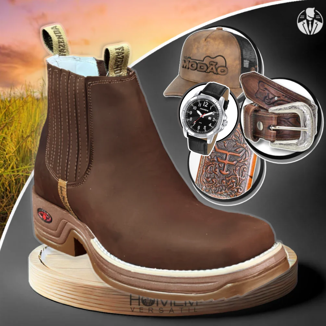 Kit Bota Ortopédica Fazenda com Cano Curto em 100% Couro Bovino + BRINDES: Cinto, Boné, Carteira e Relógio