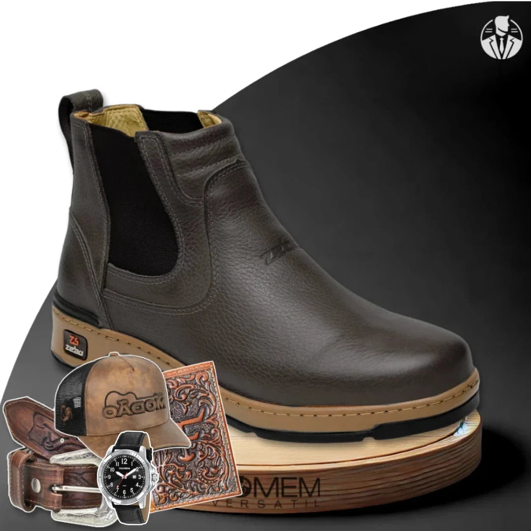 Kit Bota Masculina Ortopédica Zamu em 100% Couro Bovino + BRINDES: Cinto, Boné, Carteira e Relógio [035] - Kit Bota Militar Tactical Masculina de Couro Legitimo + 3 BRINDES UseBonn Cinza Escuro 37 