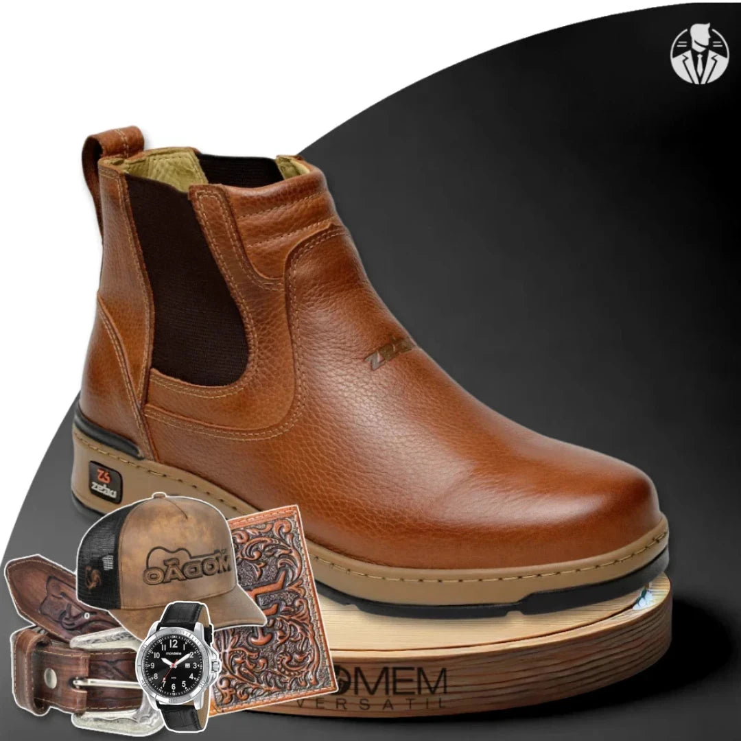 Kit Bota Masculina Ortopédica Zamu em 100% Couro Bovino + BRINDES: Cinto, Boné, Carteira e Relógio [035] - Kit Bota Militar Tactical Masculina de Couro Legitimo + 3 BRINDES UseBonn Marrom 37 